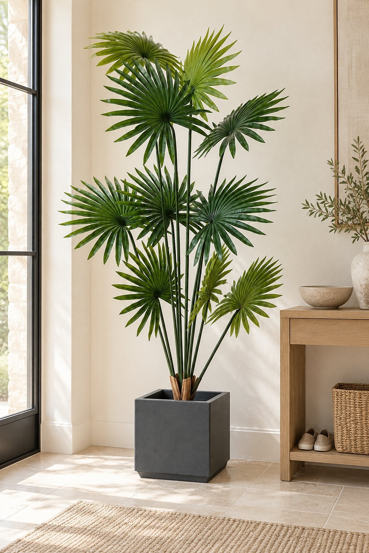 Artificial areca palm 180 cm in a large white round planter beside a sideboard