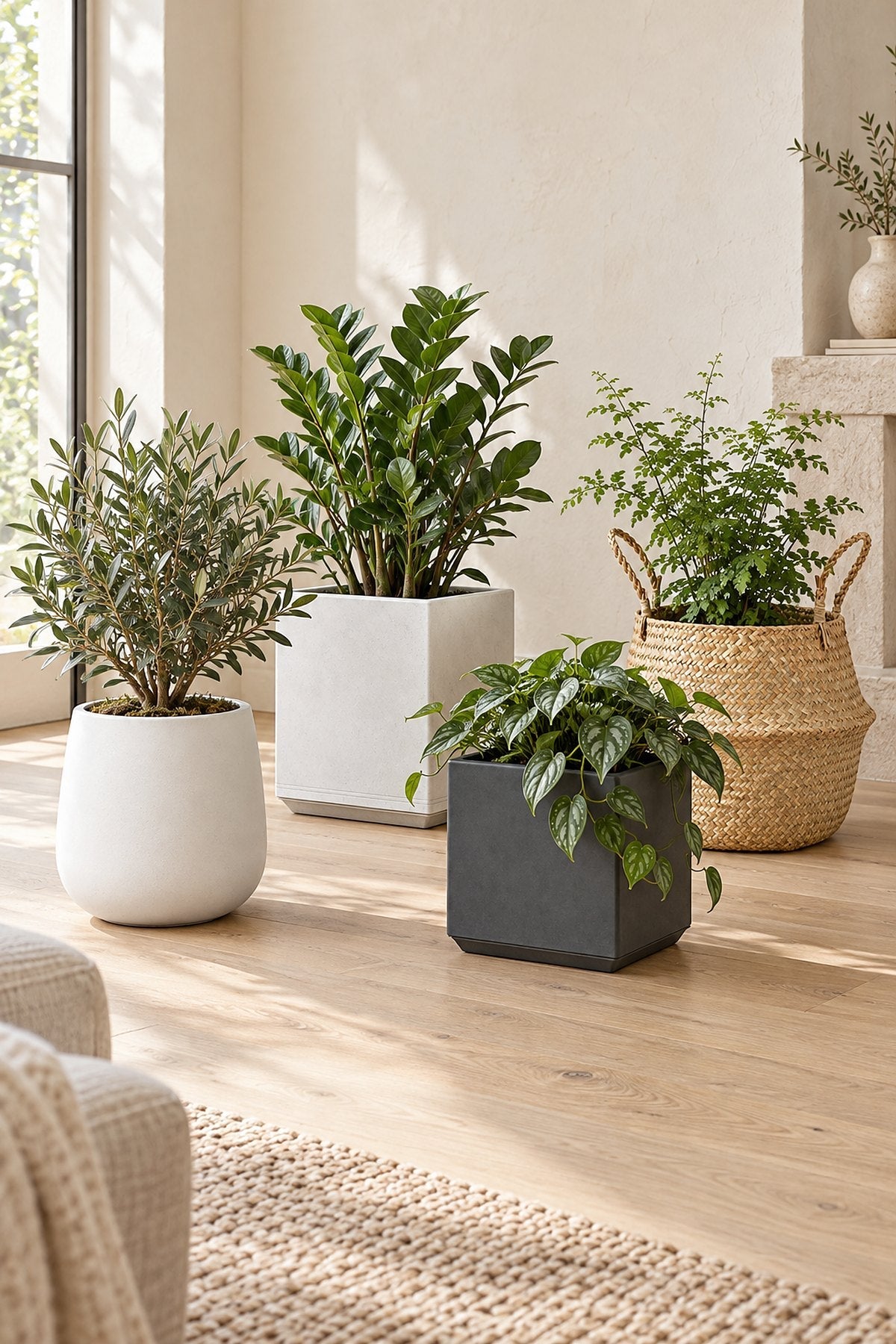 White, grey and seagrass planters with plants