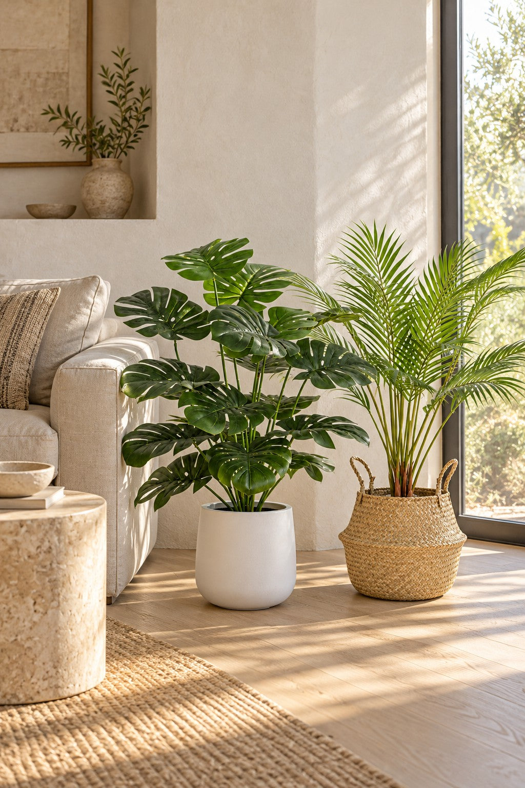Artificial monstera plant 70 cm in a small white round planter