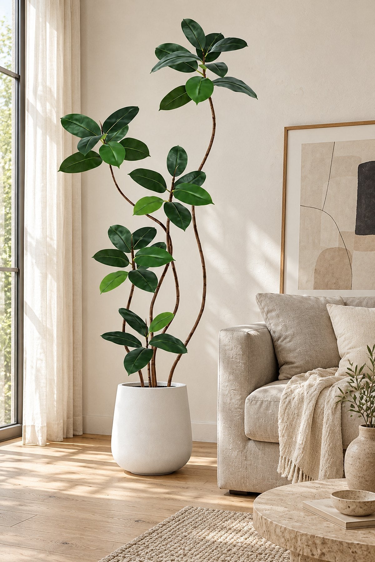 Artificial rubber tree in a white planter in a living room