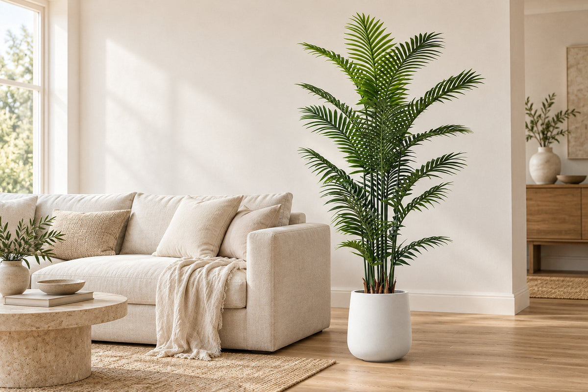 Artificial areca palm in a white planter beside a linen sofa