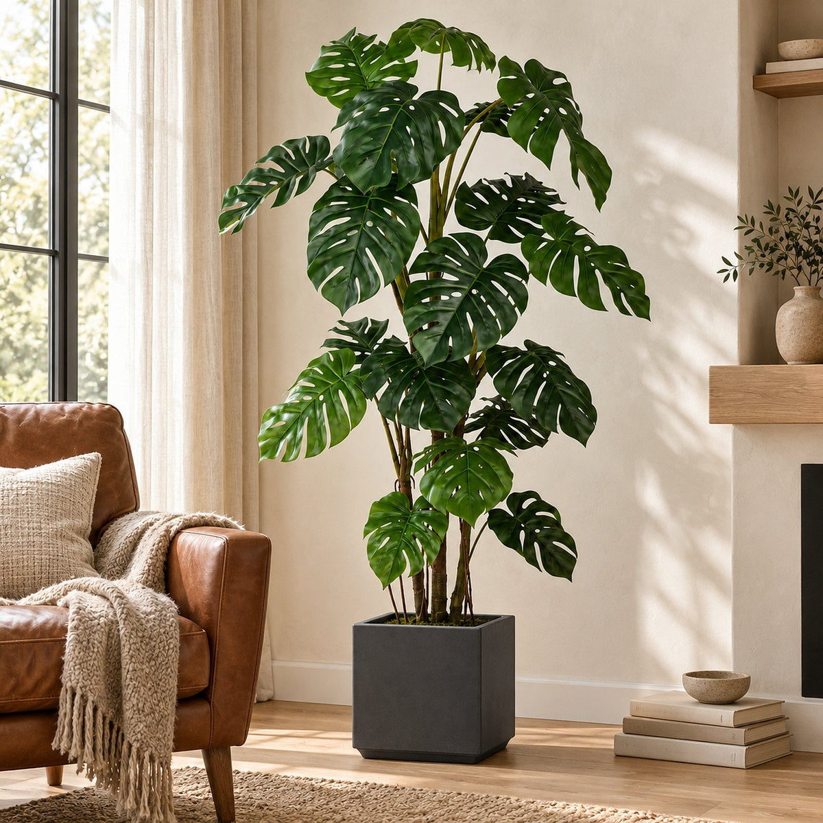 Artificial monstera tree in a grey planter beside a leather chair