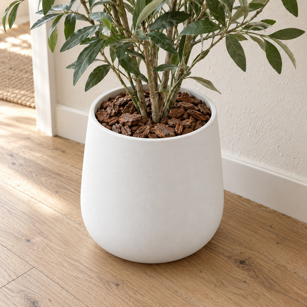 Pine Bark Chips covering the top of a white planter with a plant
