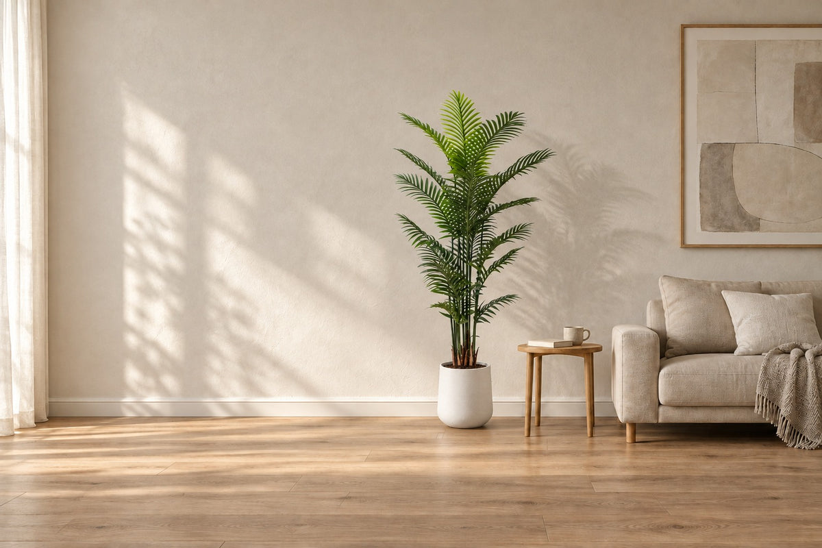 Artificial areca palm 180 cm in a large white round planter beside a side table and a linen sofa