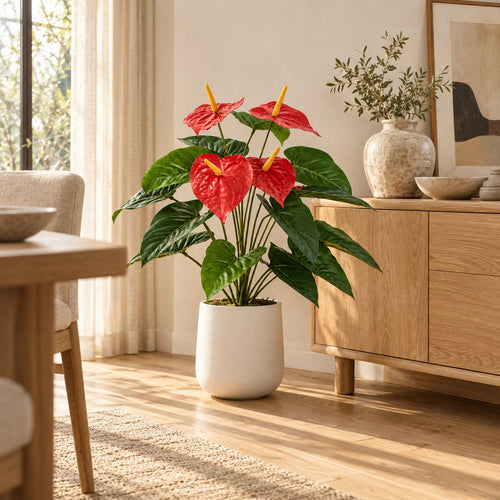 Artificial Anthurium in a white round planter, styled in a real home
