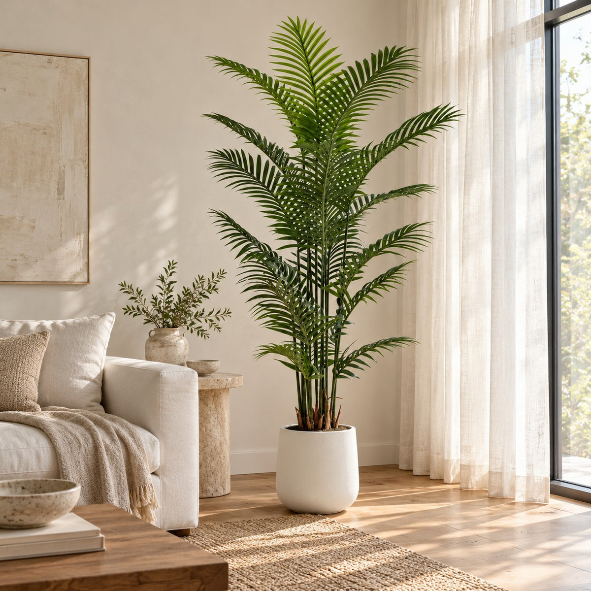 Artificial Areca Palm in a white round planter, styled in a real home