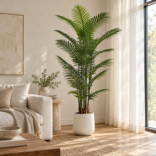 Artificial Areca Palm in a white round planter, styled in a real home