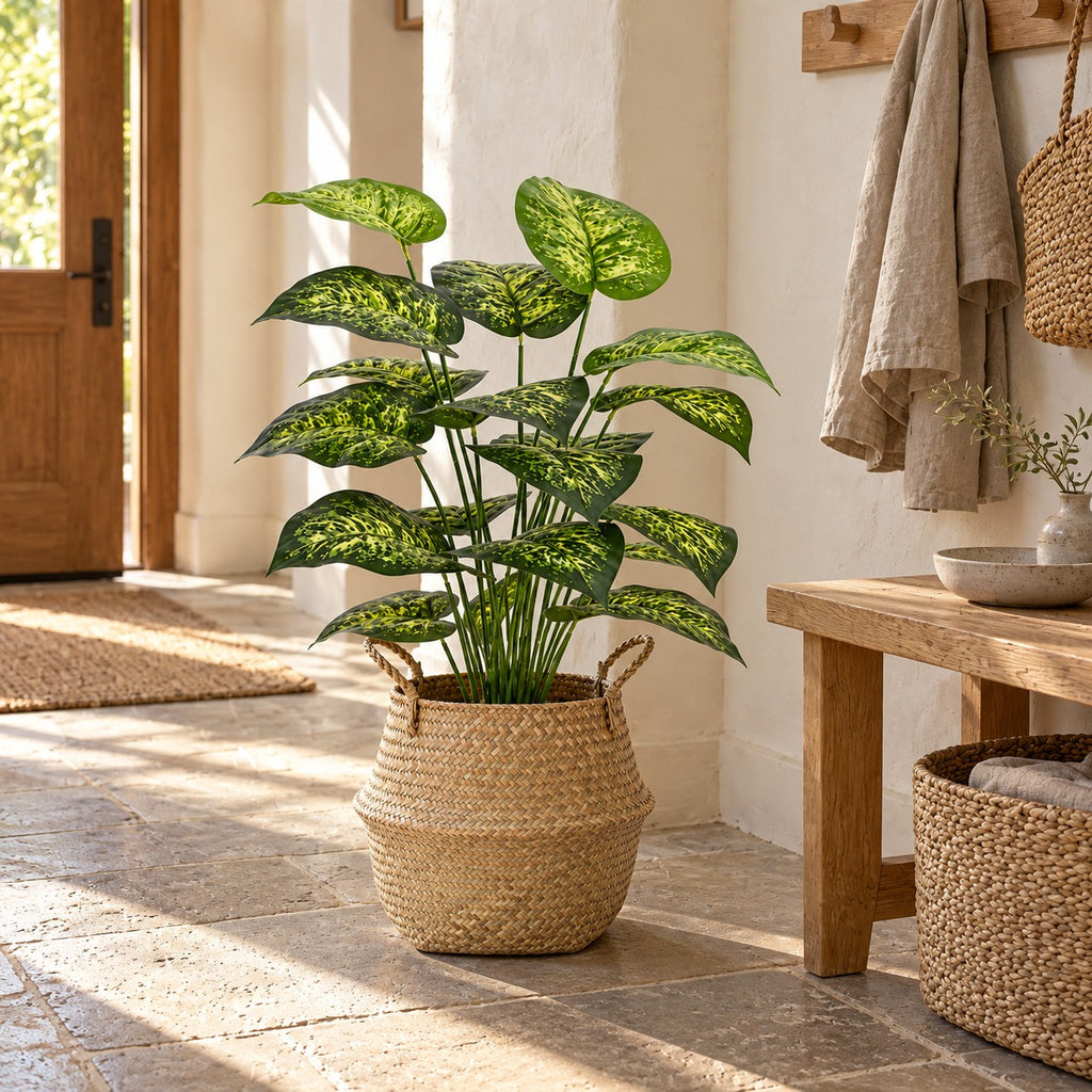 Artificial Dieffenbachia in a seagrass belly basket, styled in a real home