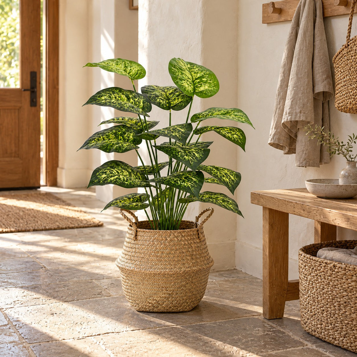 Artificial Dieffenbachia in a seagrass belly basket, styled in a real home