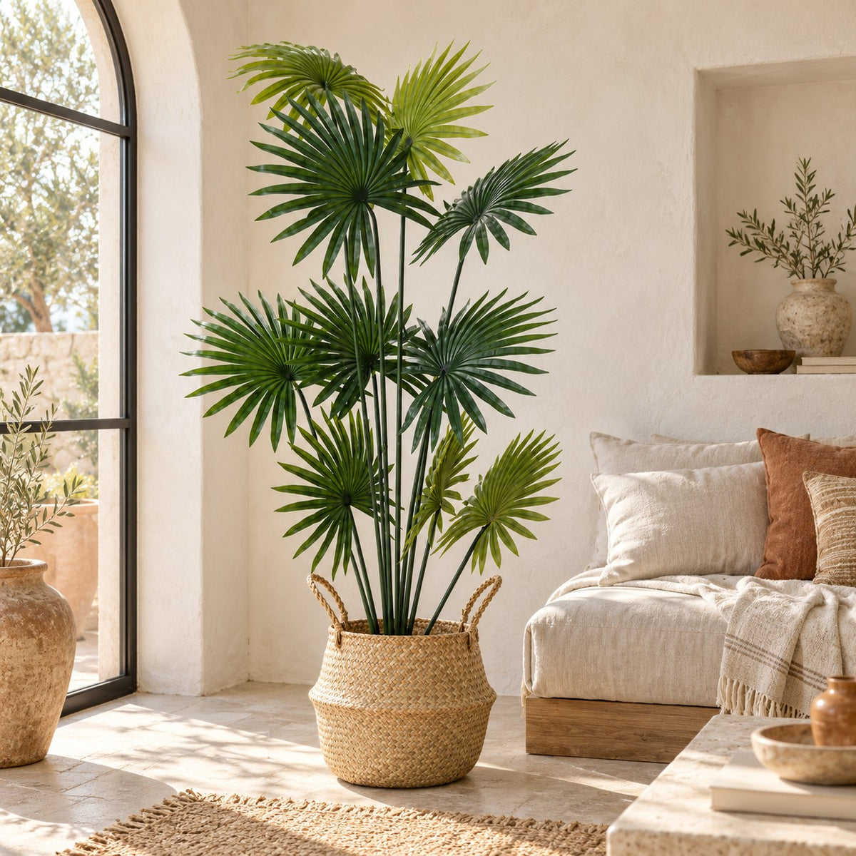 Artificial Fan Palm in a seagrass belly basket, styled in a real home