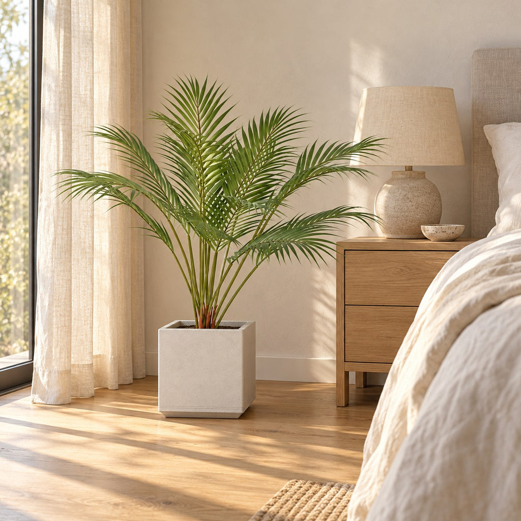 Artificial Kentia Palm in a white square planter, styled in a real home