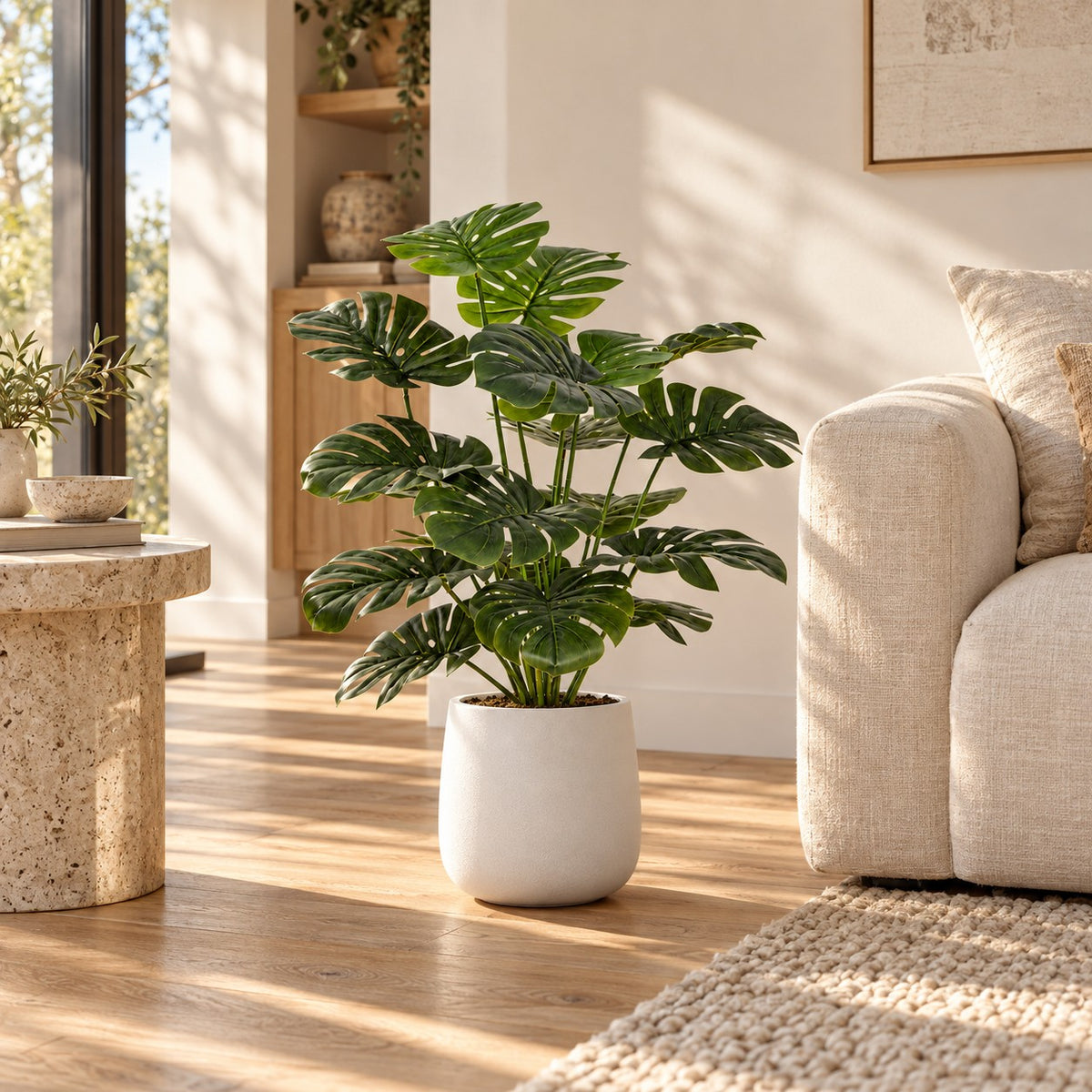 Artificial Monstera Plant in a white round planter, styled in a real home