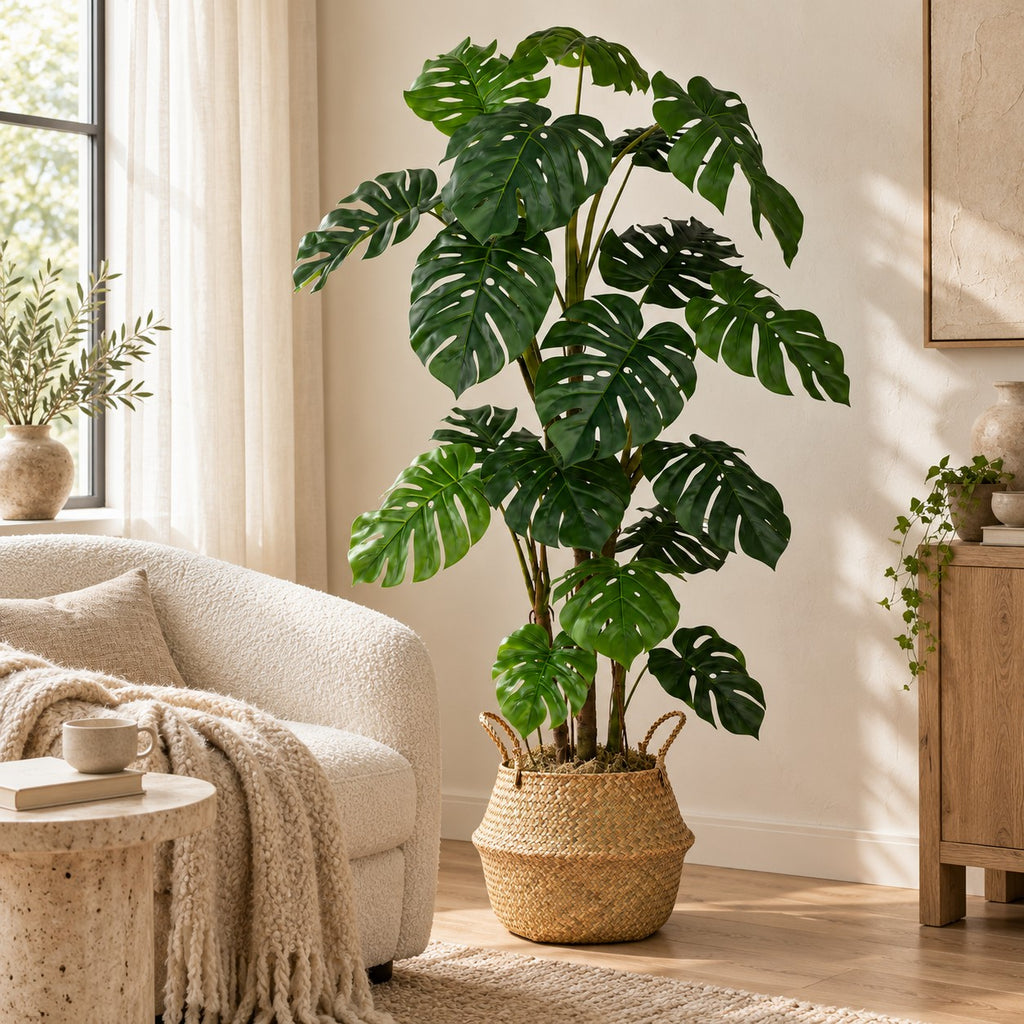 Artificial Monstera Tree in a seagrass belly basket, styled in a real home