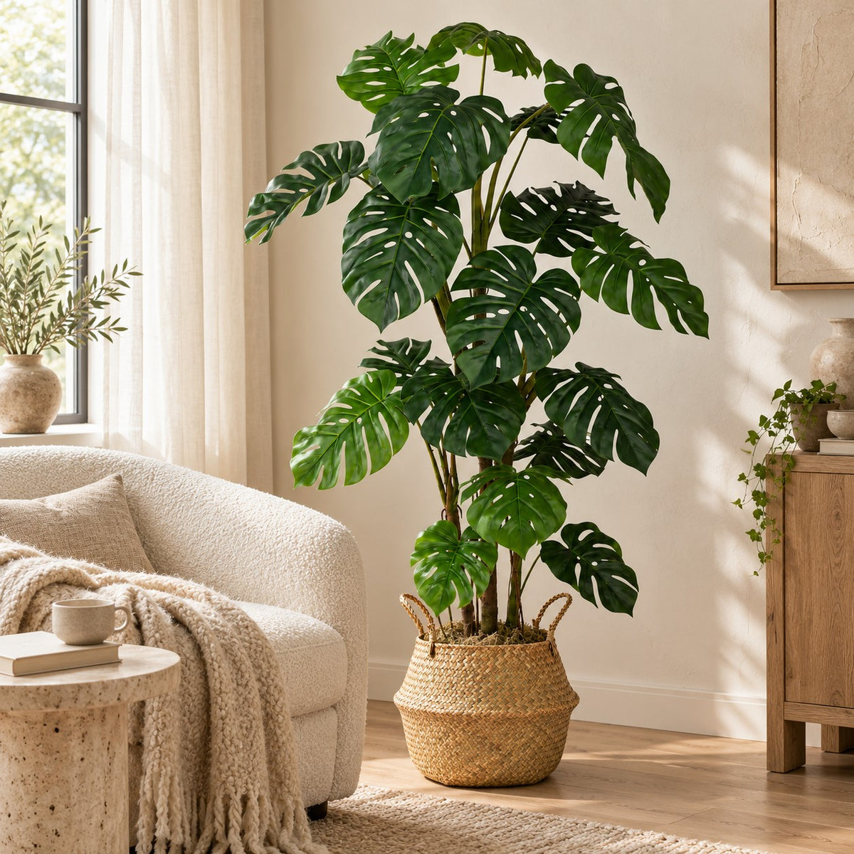 Artificial Monstera Tree in a seagrass belly basket, styled in a real home