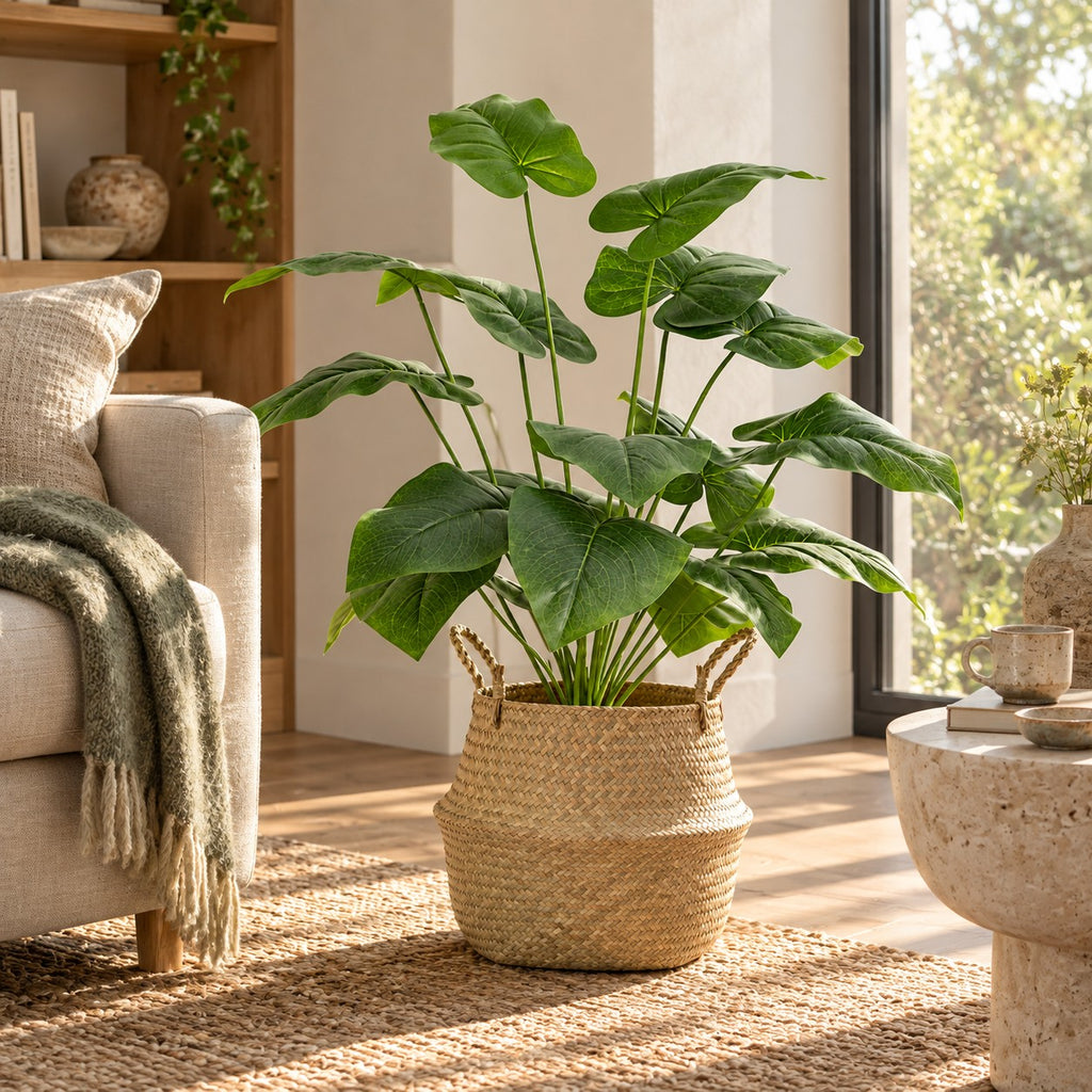Artificial Pothos Plant in a seagrass belly basket, styled in a real home