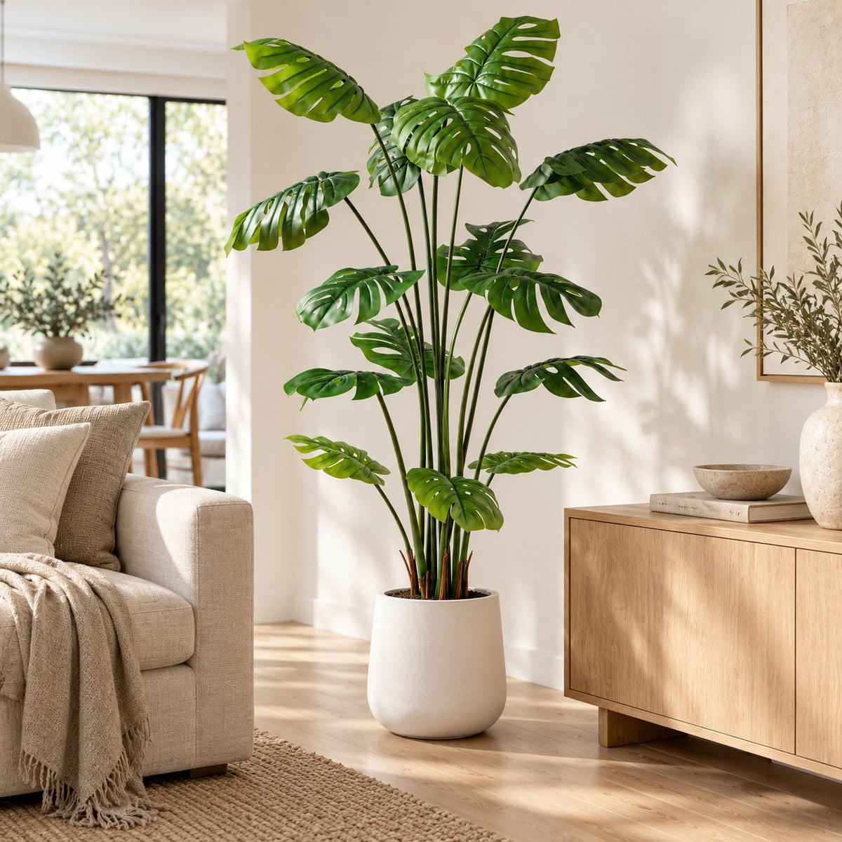 Artificial Split-Leaf Monstera in a white round planter, styled in a real home