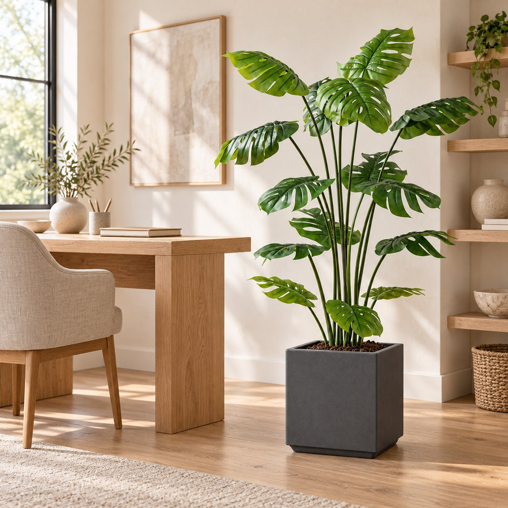 Grey Square Planter with an artificial plant, styled in a real home