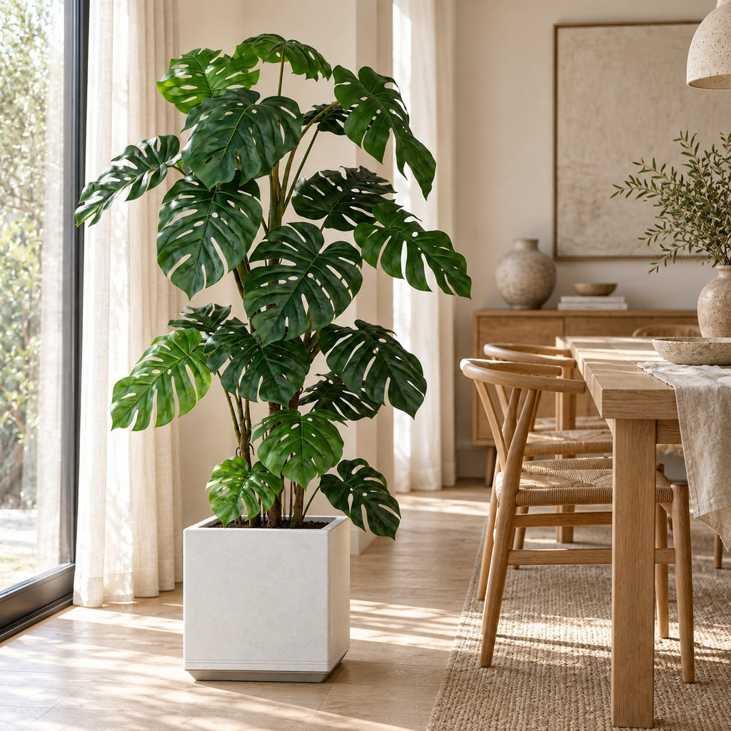 White Square Planter with an artificial plant, styled in a real home
